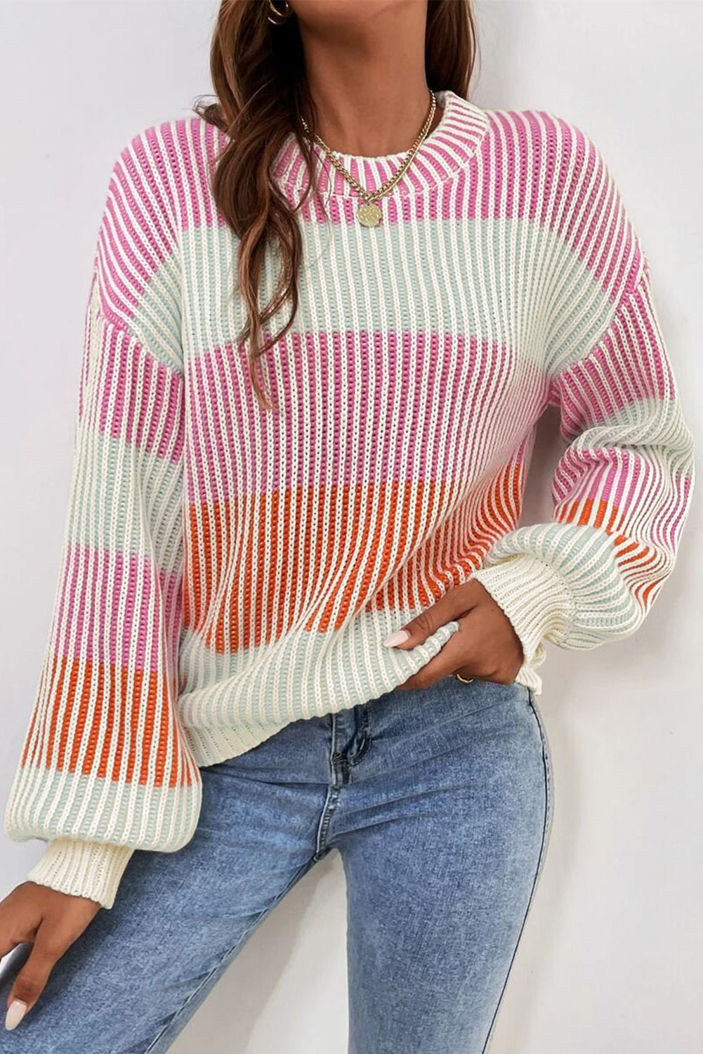 Pink Colorblock Textured Knit Sweater with Bubble Sleeves