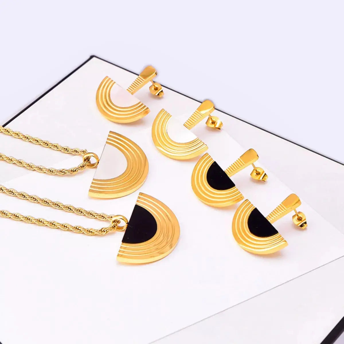 Geometric Half-Circle 18K Gold Plated Necklace Ring and Earrings Jewelry Set Simply Love