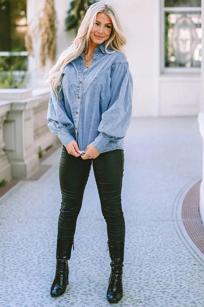 Stylish collared denim top with lantern sleeves