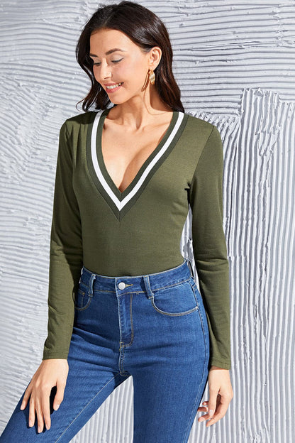 Contrast Ribbed Trim Deep V Bodysuit.