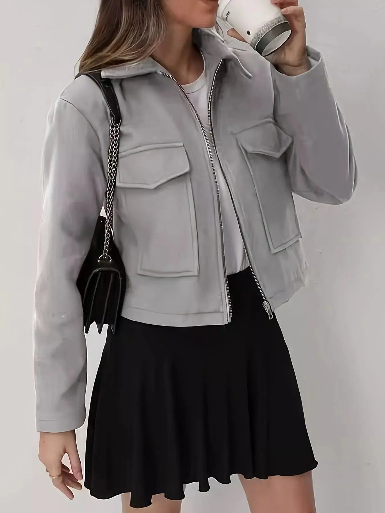 Cropped Zip-Up Pocketed Jacket Simply Love
