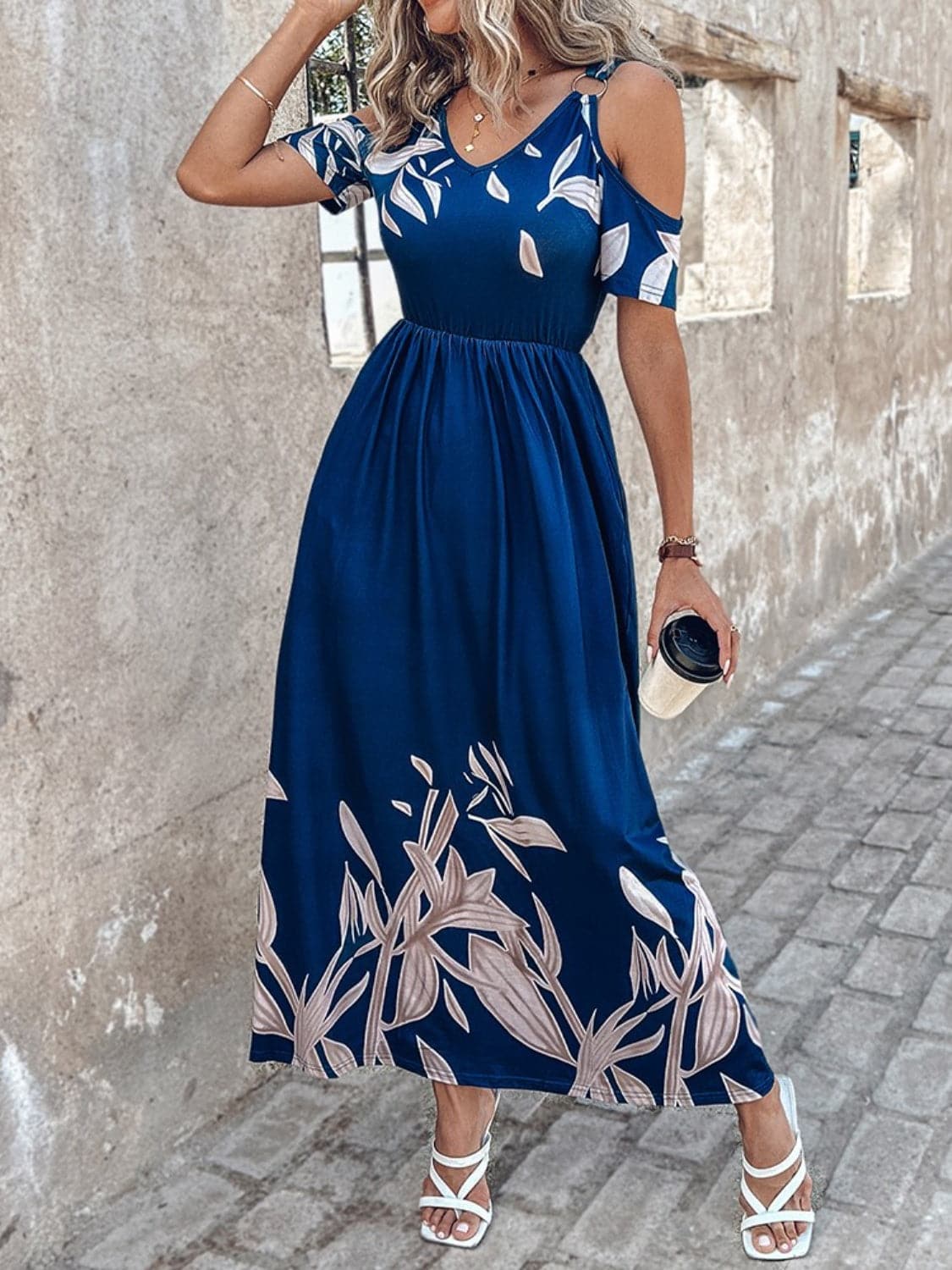 Printed Cold Shoulder Short Sleeve Maxi Dress.