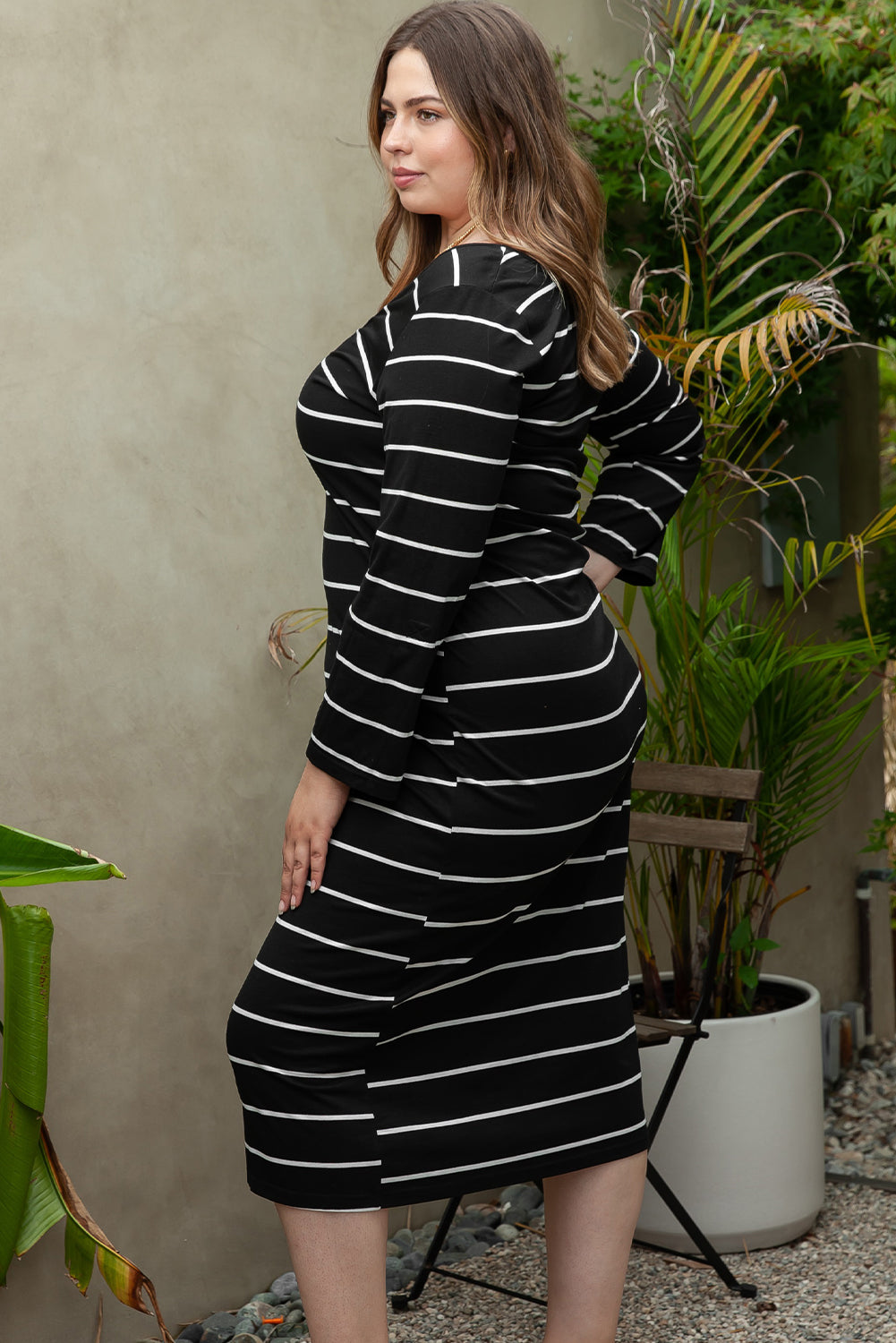 Chic black striped plus-size dress