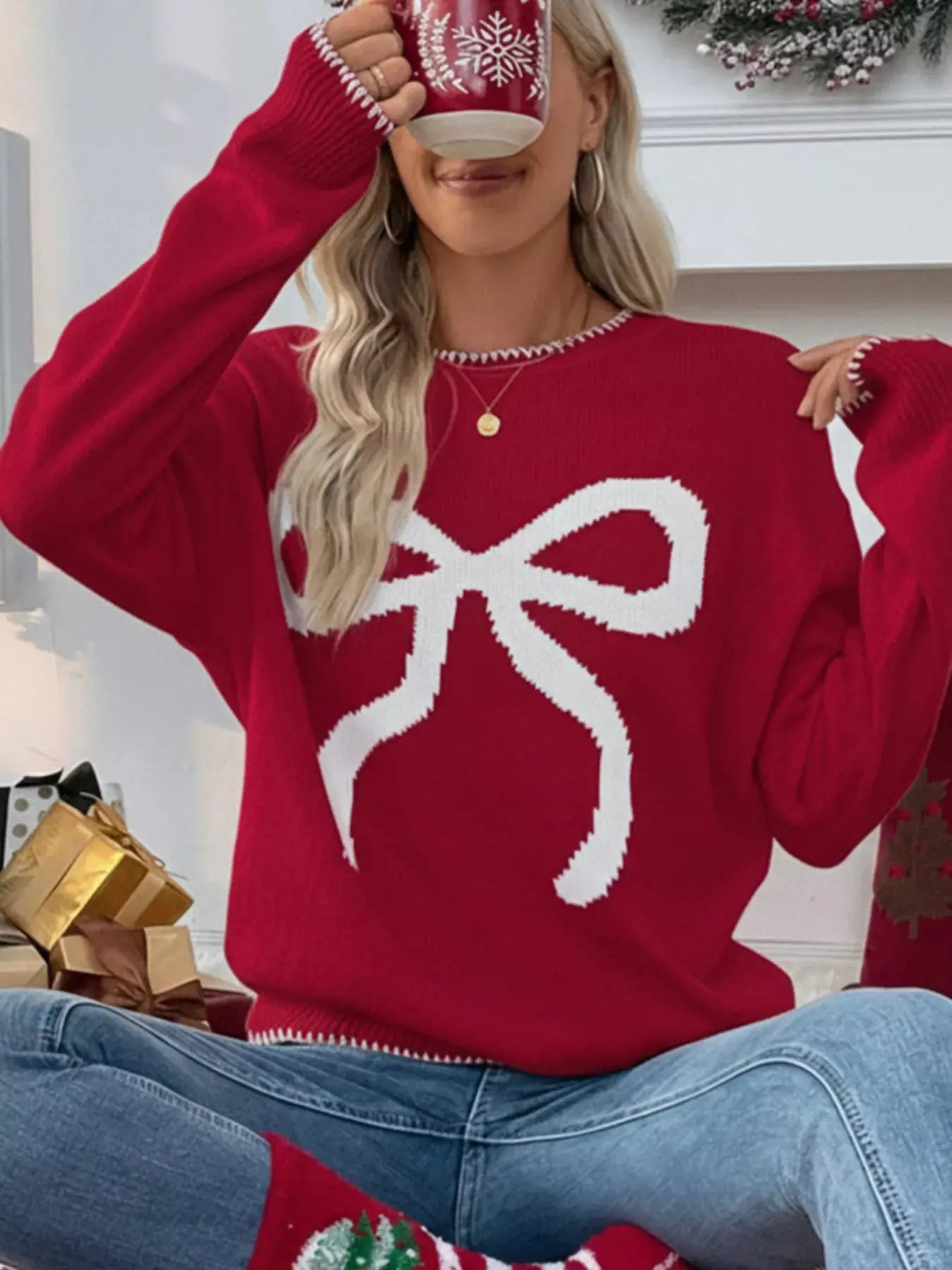 Bow Round Neck Sweater Simply Love