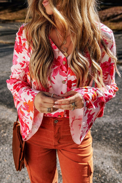 Floral Flare Sleeve Button Up V-Neck Bodysuit.