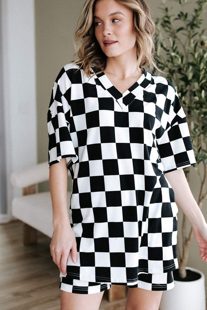 Black Checkerboard Print V Neck Loose Tee and Shorts Set