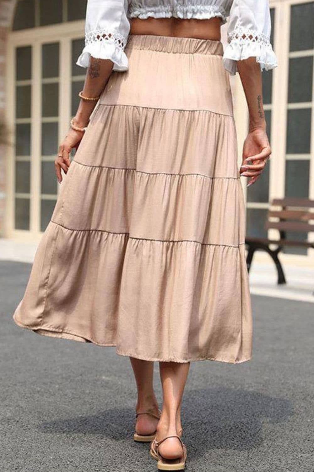 Elastic Waist Tiered Midi Skirt.