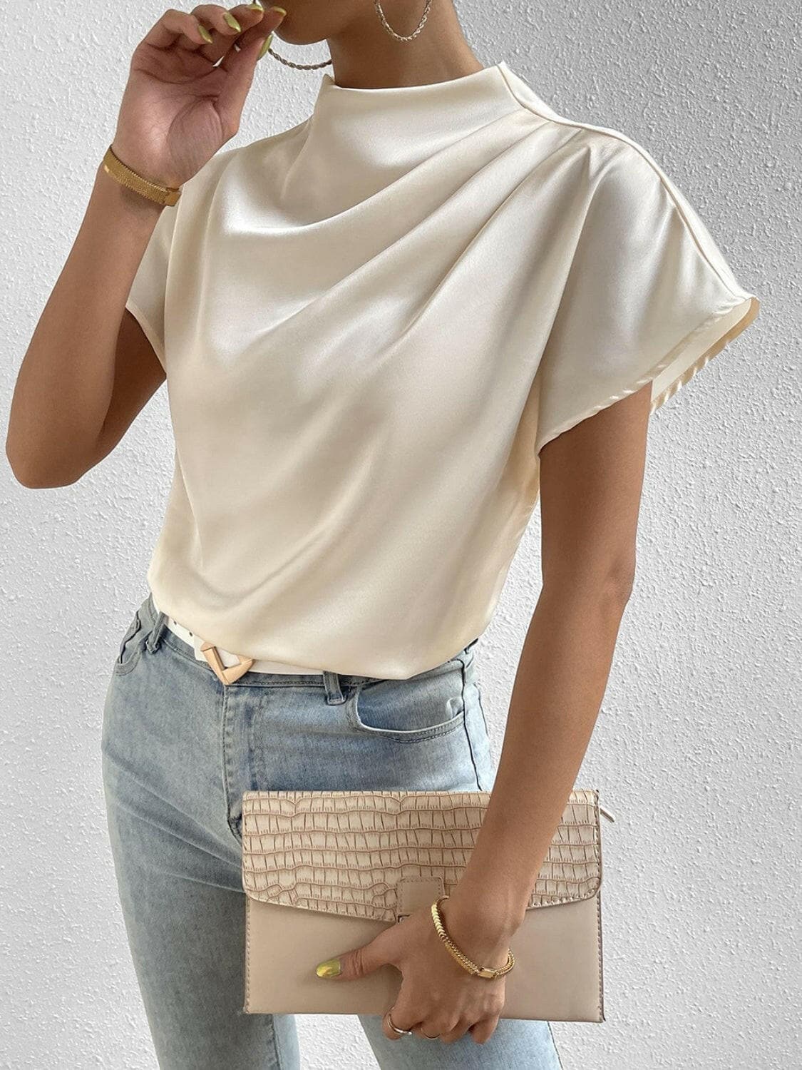 Ruched Mock Neck Short Sleeve Blouse.