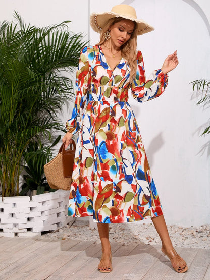 Printed Surplice Long Sleeve Midi Dress.