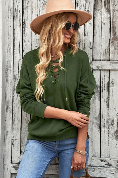 Lace-Up Dropped Shoulder Hoodie.