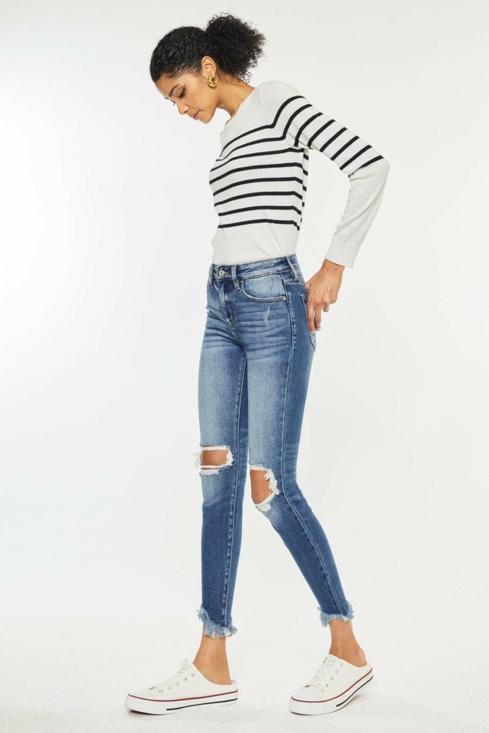 Kancan High Waist Distressed Raw Hem Ankle Skinny Jeans.