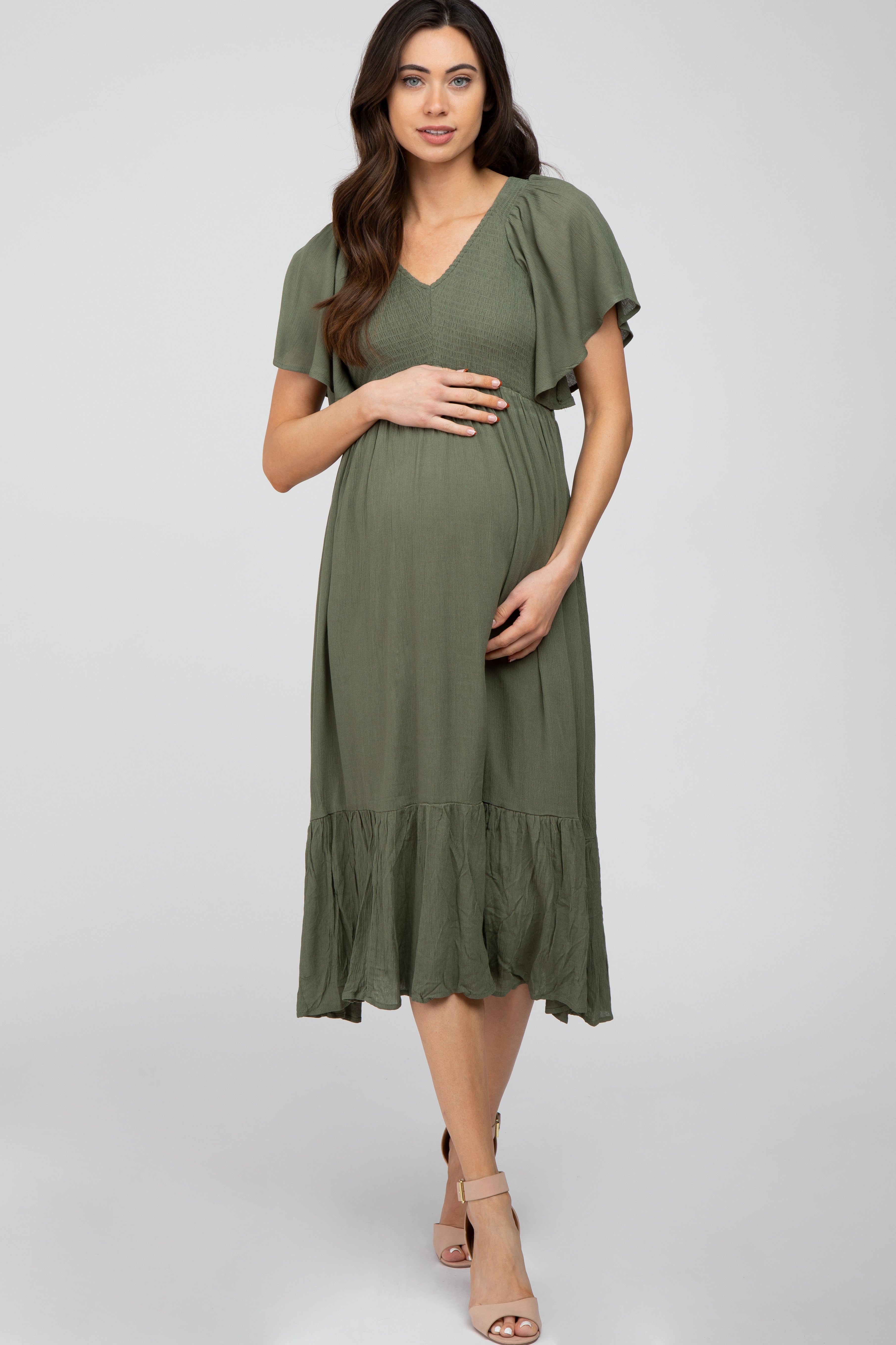 PinkBlush olive smocked ruffle maternity dress front view