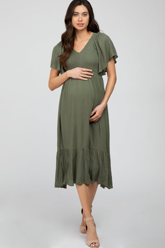 PinkBlush olive smocked ruffle maternity dress front view