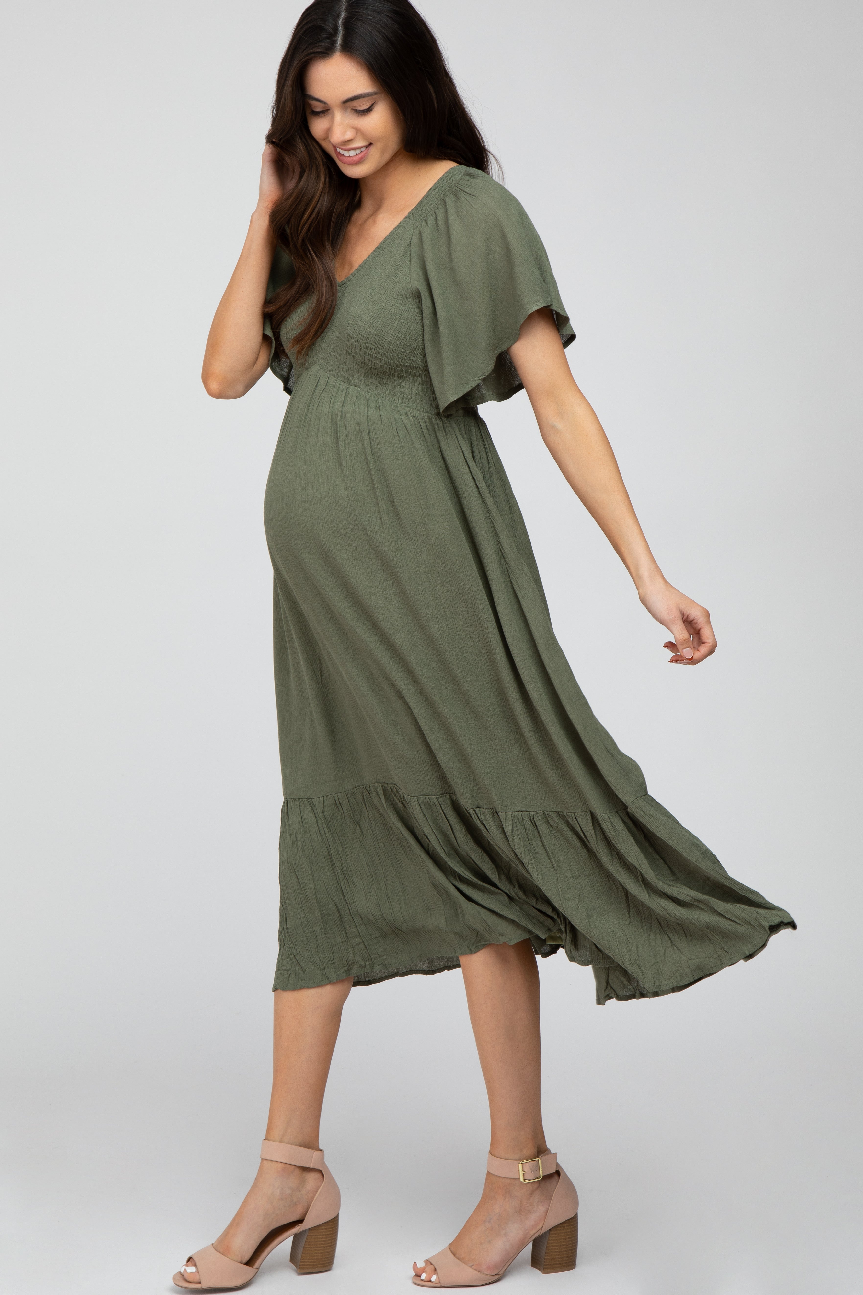 Olive maternity dress smocked bodice and ruffle detail close-up