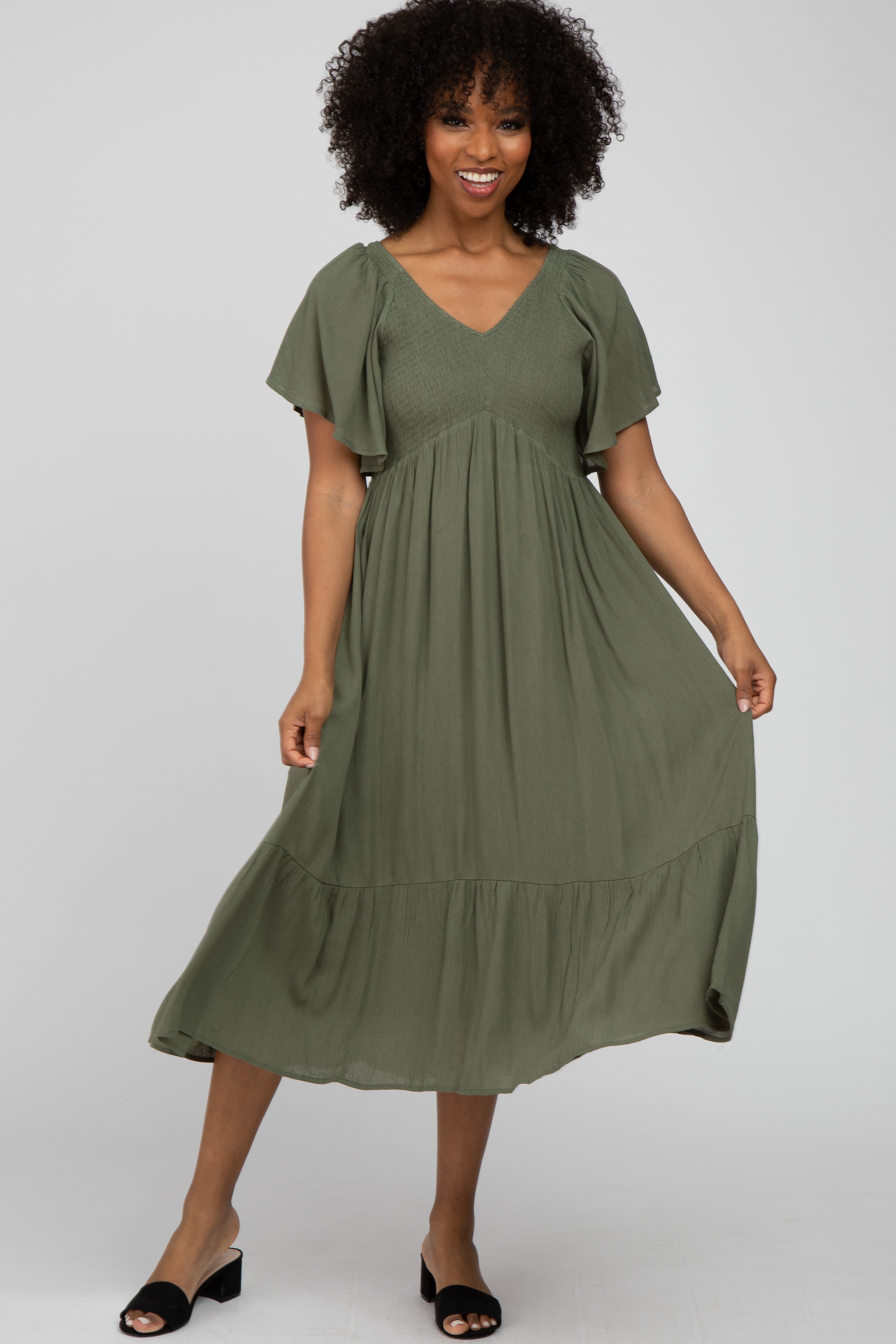 Olive smocked ruffle maternity dress back view and fit