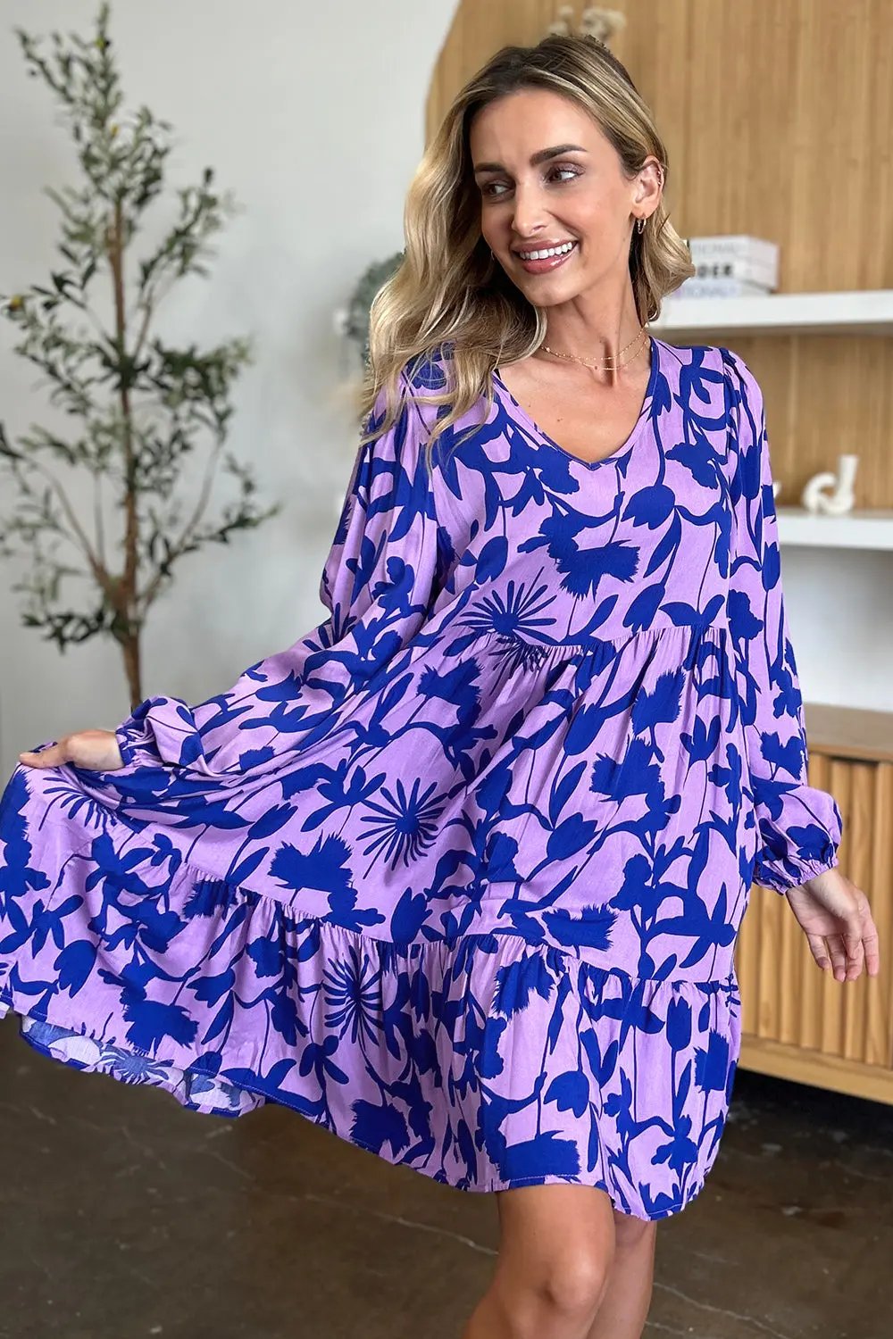 Double Take Full Size Printed Ruffle Hem Long Sleeve Dress - Love Salve