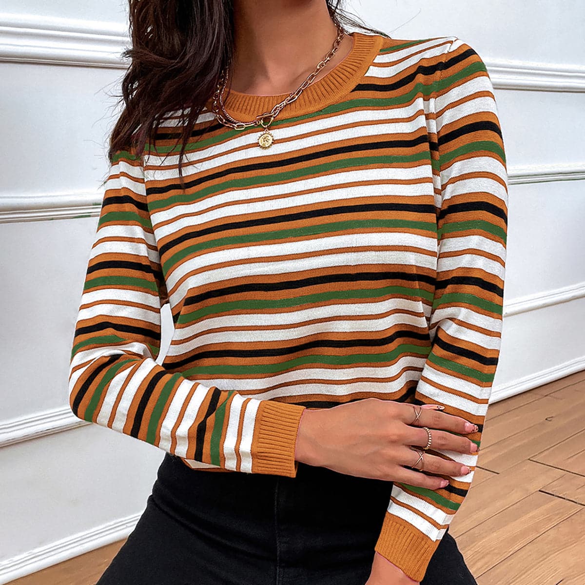 Striped Round Neck Long Sleeve Sweater.