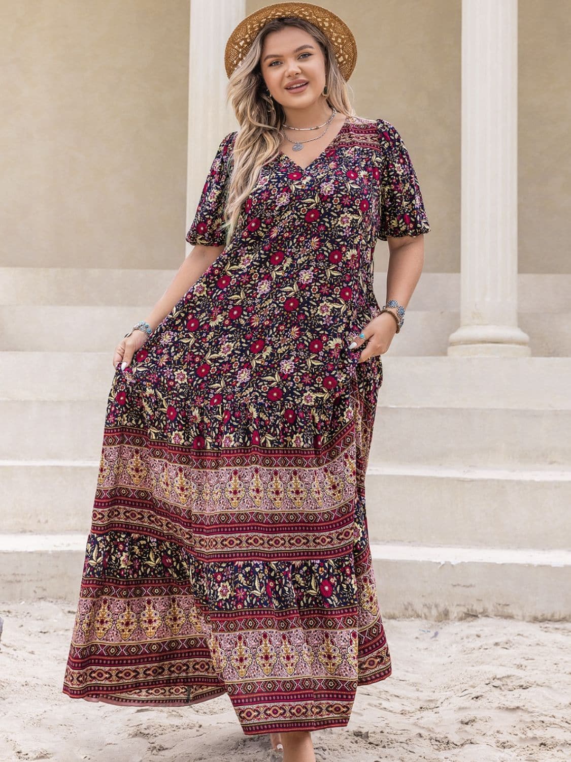 Plus Size Printed V-Neck Short Sleeve Maxi Dress.