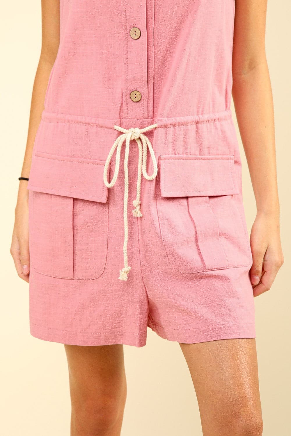 VERY J Half Button Drawstring Sleeveless Romper.