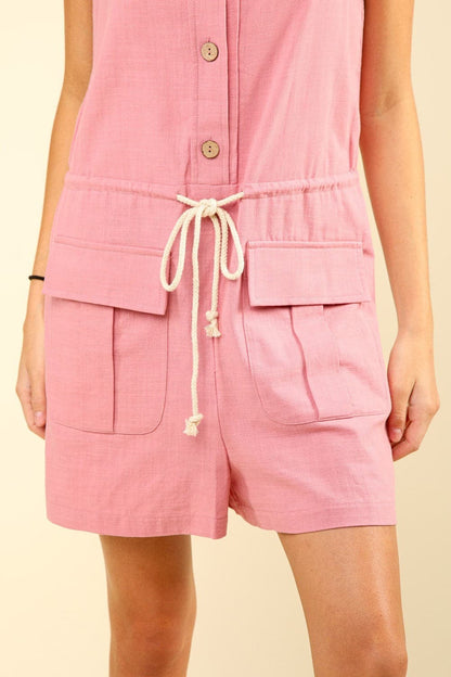 VERY J Half Button Drawstring Sleeveless Romper.