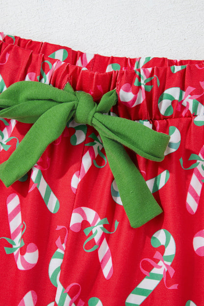 Festive Red Candy Cane Pocketed Pajama Set with Knotted Shorts