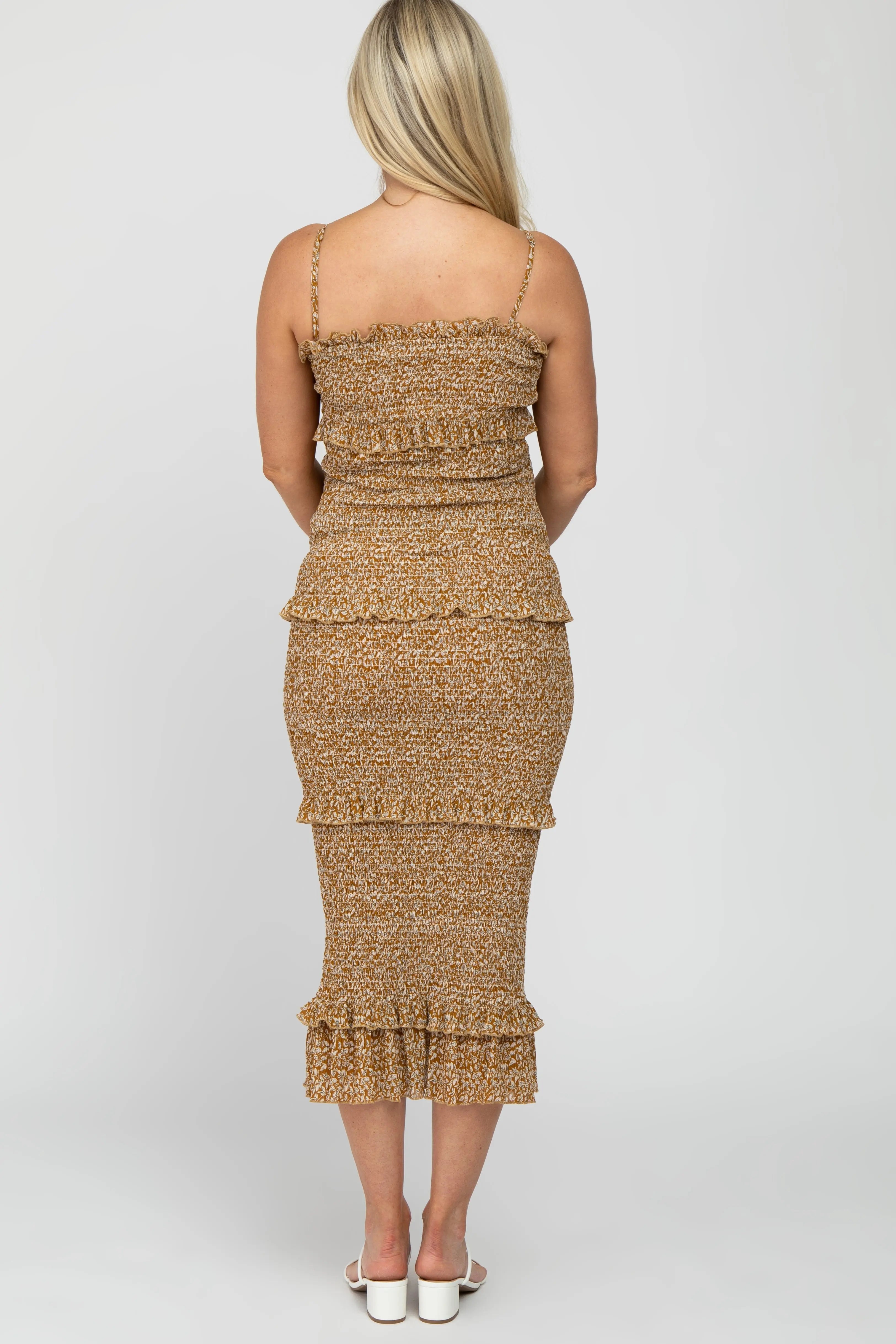 Mustard Leaf Print Smocked Fitted Maternity Midi Dress PinkBlush