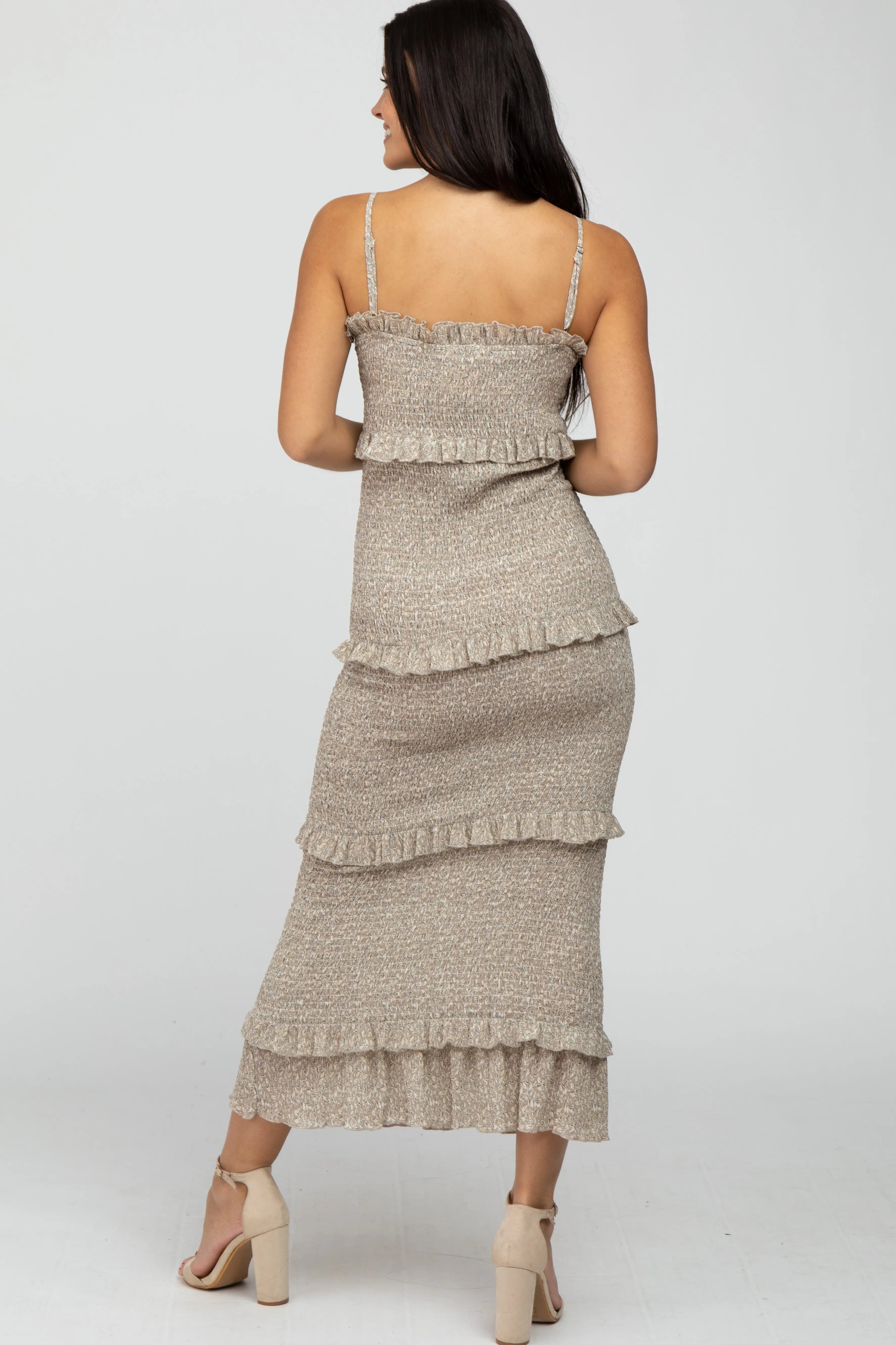 Taupe Leaf Print Smocked Fitted Midi Dress PinkBlush