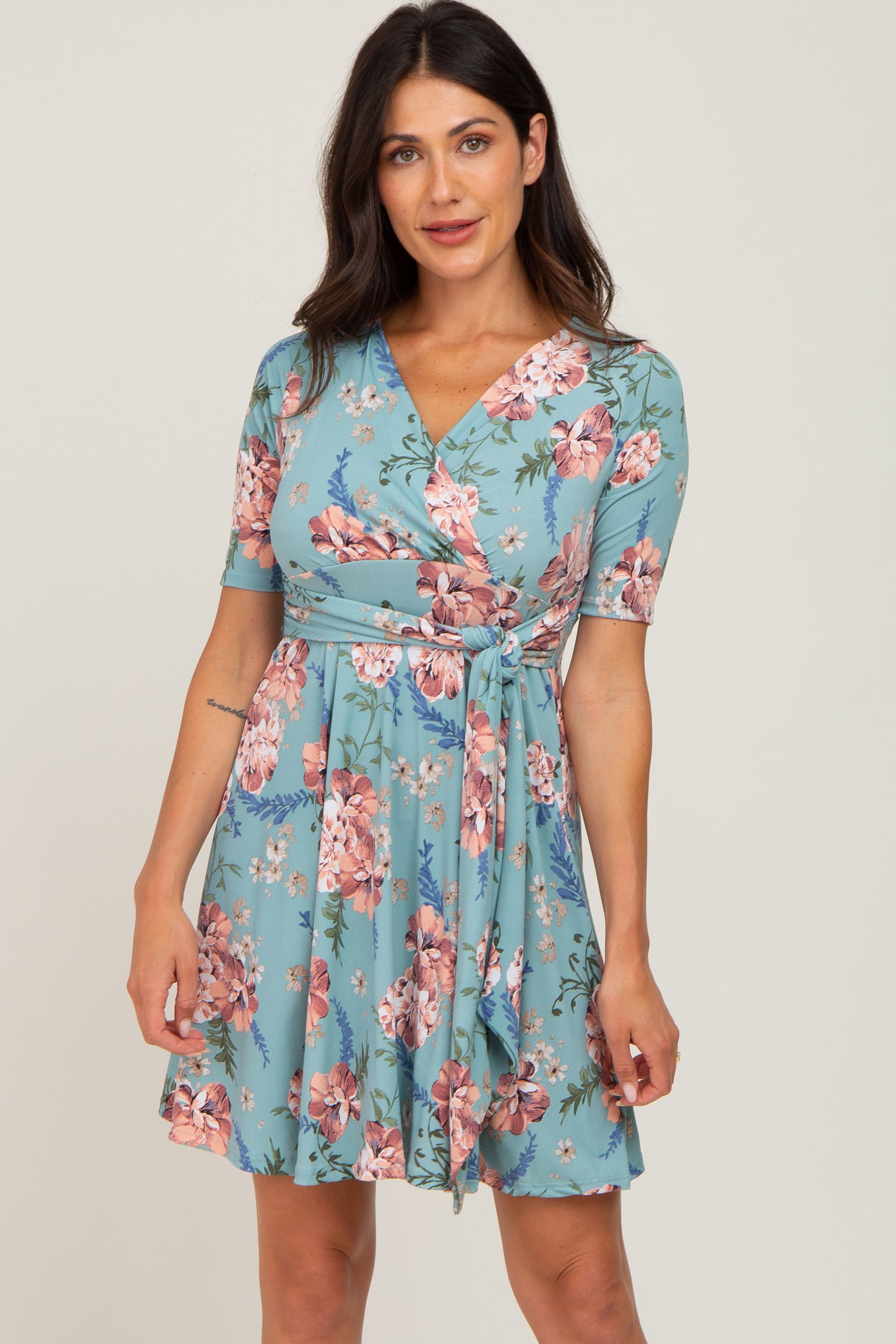 Mint Green Floral Waist Tie Dress PinkBlush