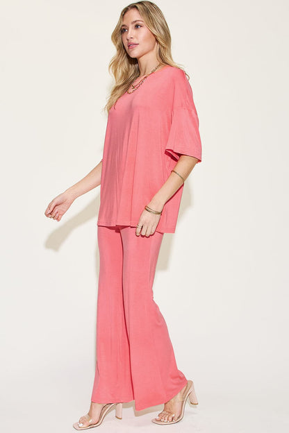 Bamboo bliss: Relaxed drop shoulder tee and flare pants set