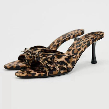 Bow Leopard Kitten Heel Sandals.