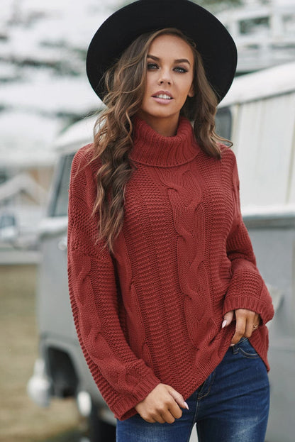 Cable-Knit Turtleneck Dropped Shoulder Sweater.