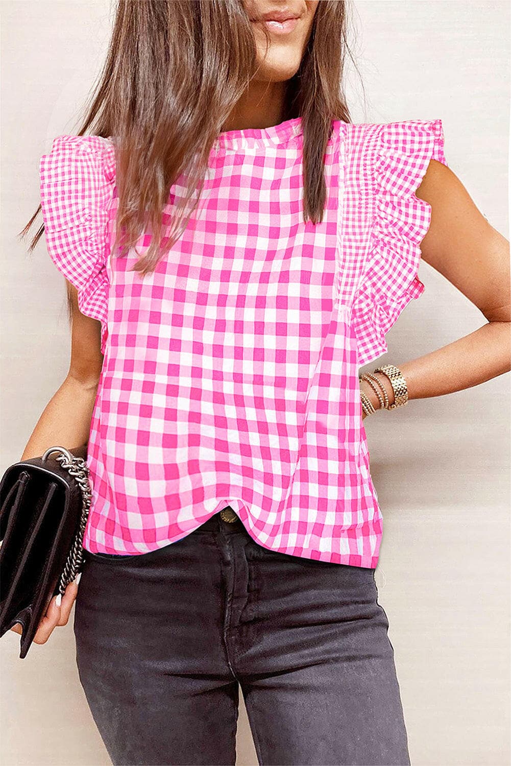 Ruffled Plaid Mock Neck Cap Sleeve Blouse.