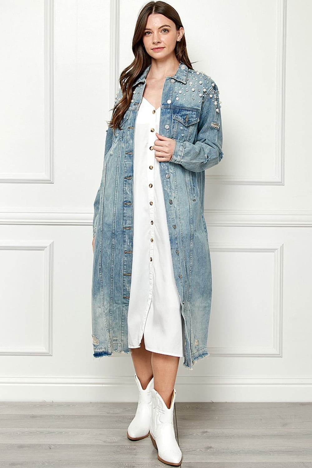 Veveret Full Size Distressed Raw Hem Pearl Detail Button Up Jacket.