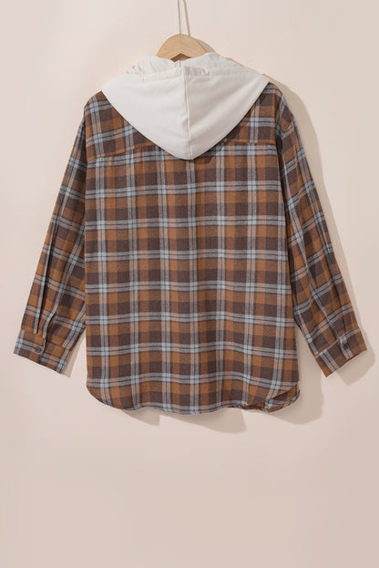 Cozy brown plaid hooded jacket for plus sizes