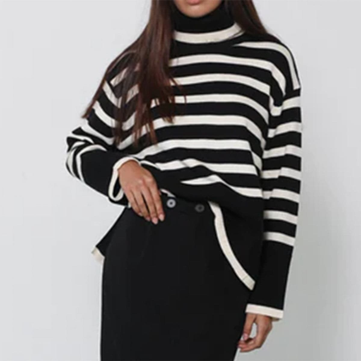 Striped Turtleneck Flare Sleeve Sweater.