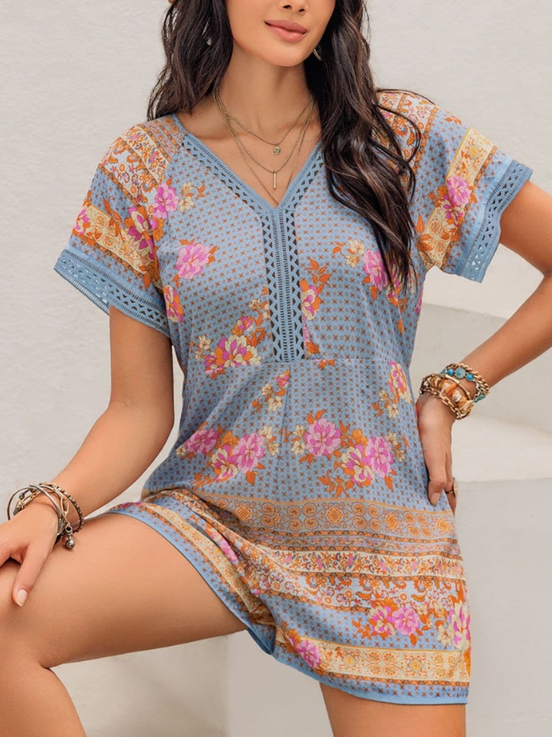 Printed V-Neck Short Sleeve Romper.