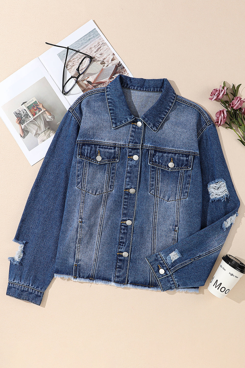 Chic dark blue plus size distressed denim jacket with flap pockets