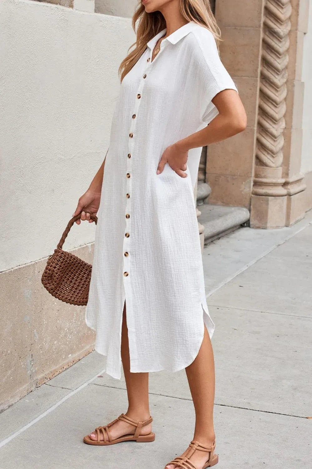 Button Down Short Sleeve Midi Shirt Dress Simply Love