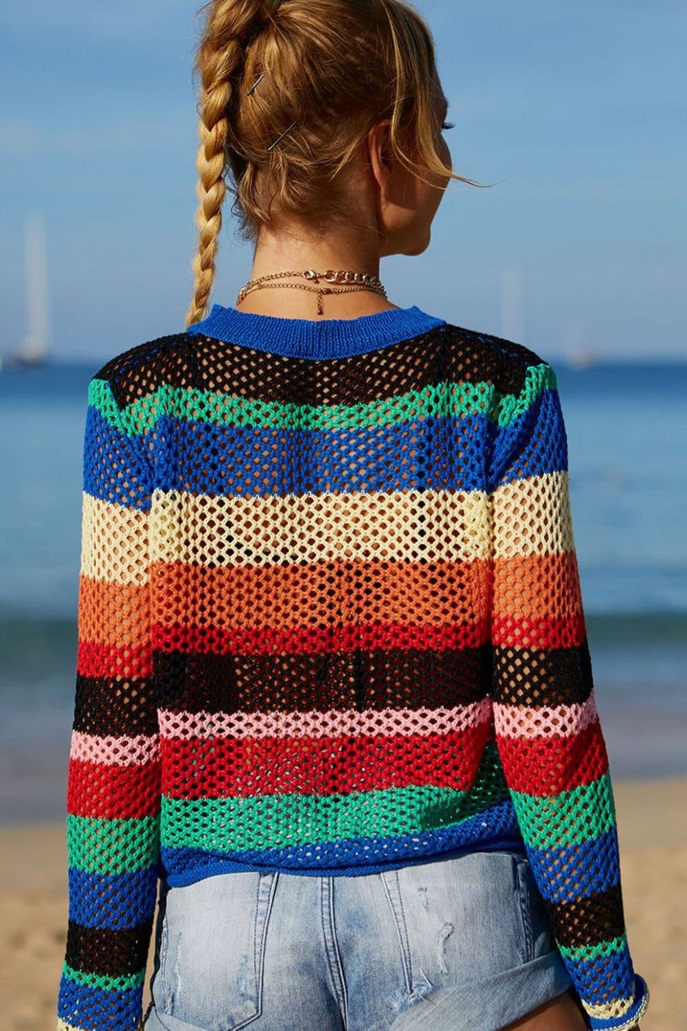 Rainbow Stripe Openwork Long Sleeve Cover-Up.