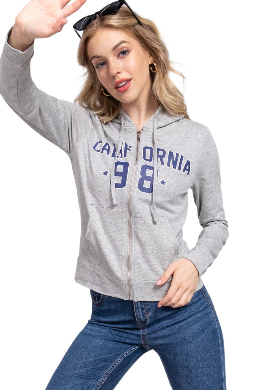 ACTIVE BASIC CALIFORNIA Zip Up Drawstring Long Sleeve Hoodie.