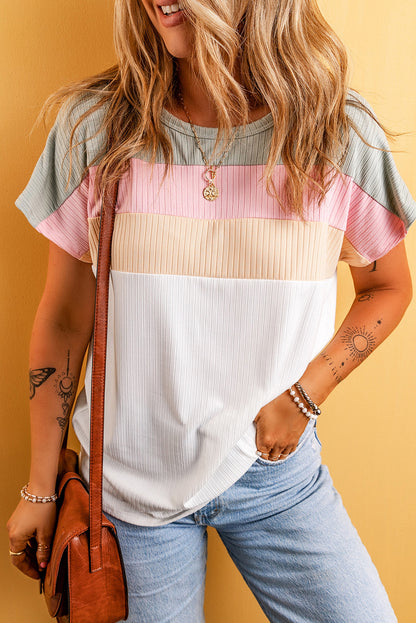 Chic white colorblock batwing sleeve ribbed plus size tee