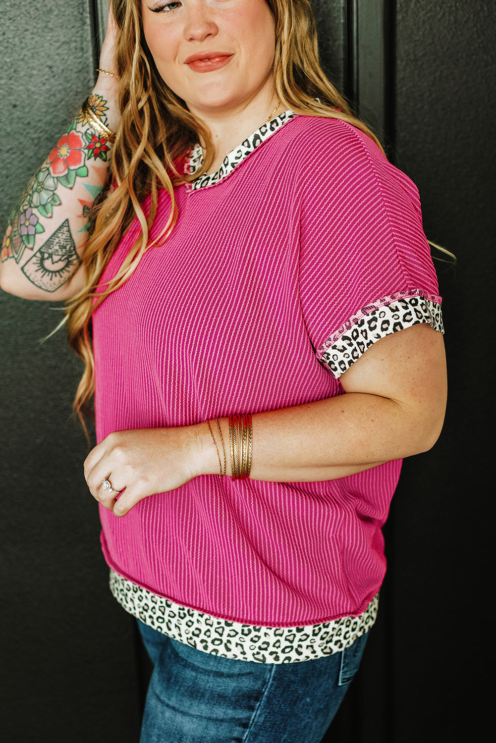 Rose red leopard accent v-neck corded plus size top