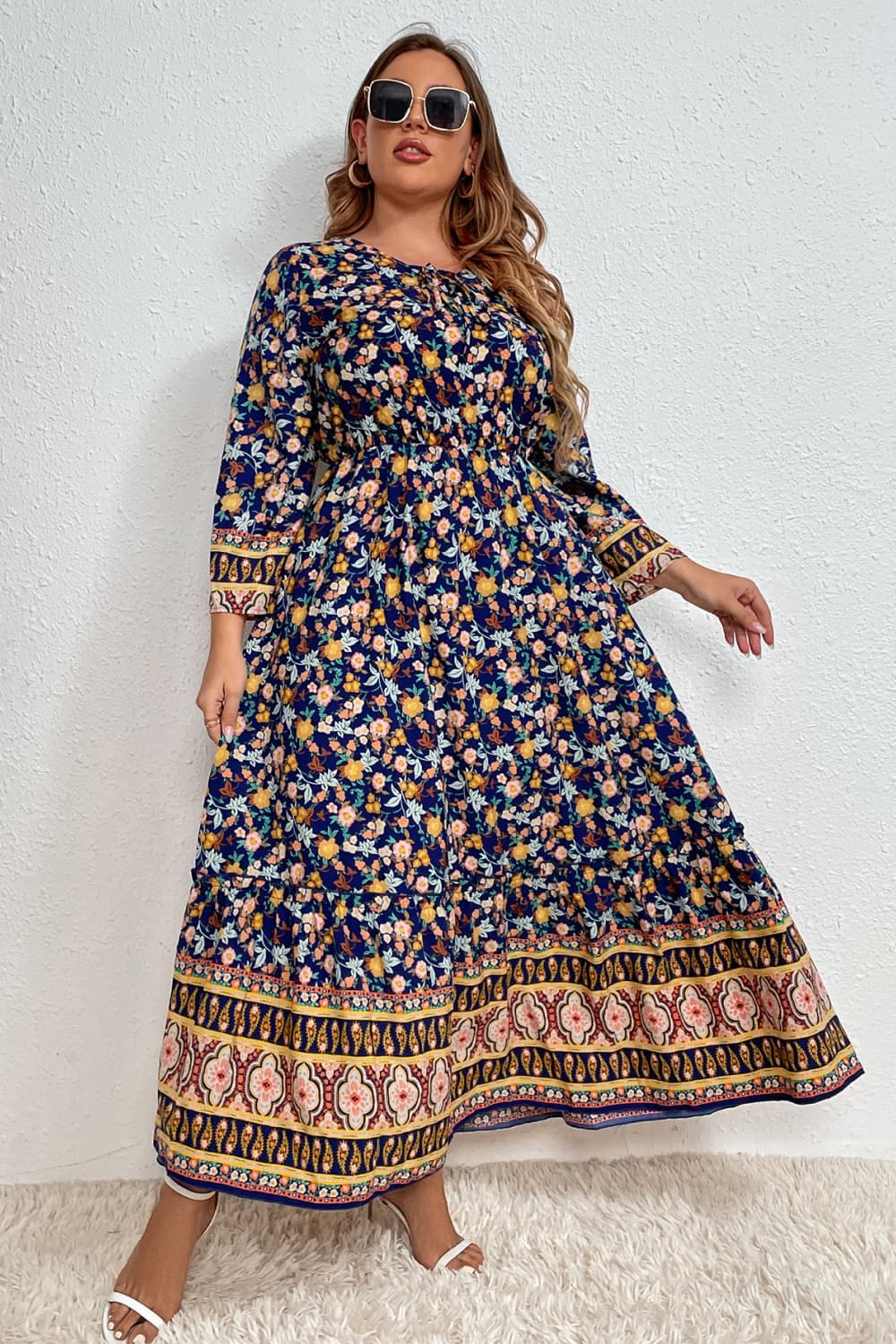 Melo Apparel Plus Size Bohemian Round Neck Maxi Dress.