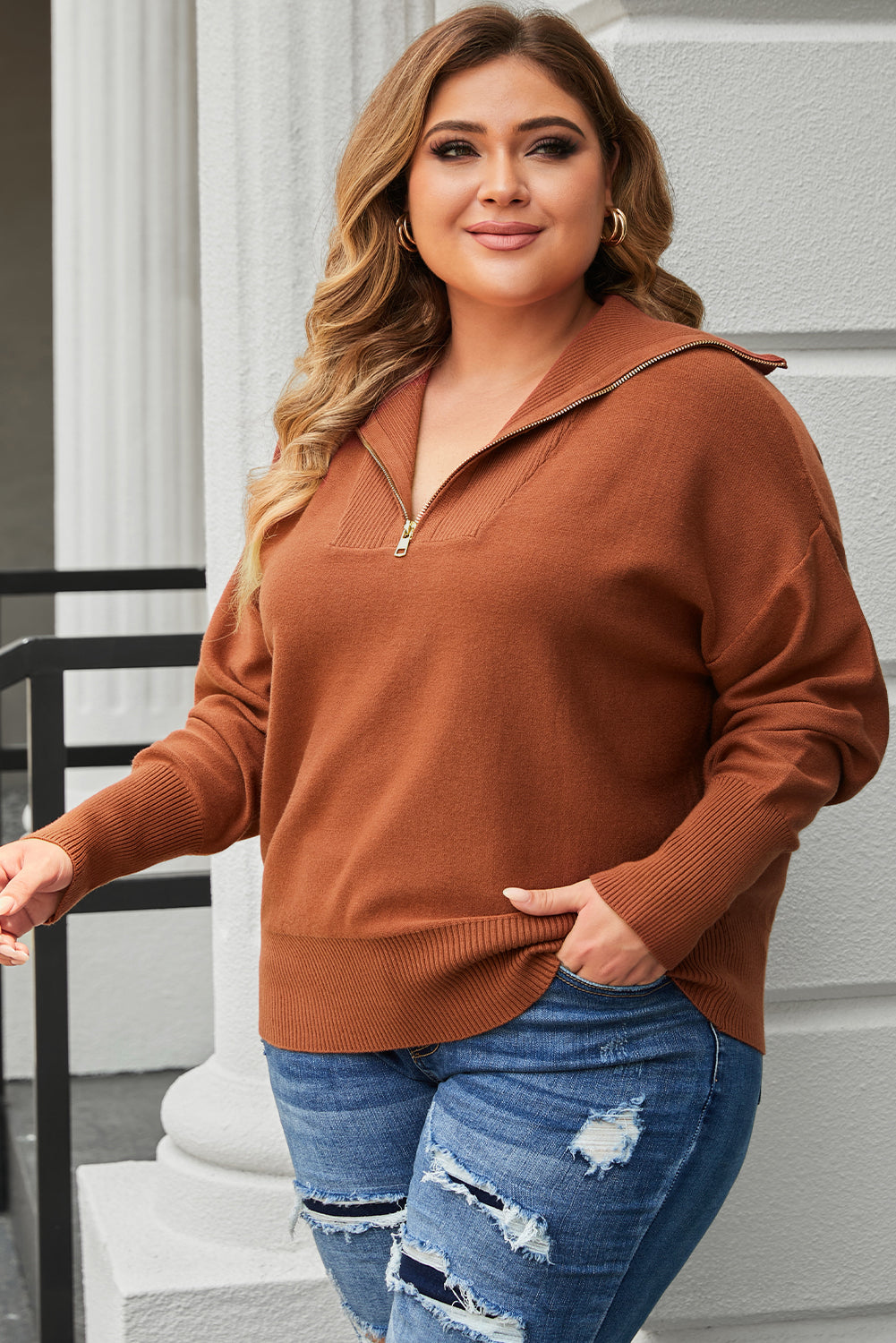 Chic brown zip collar sweater with ribbed trim for plus sizes