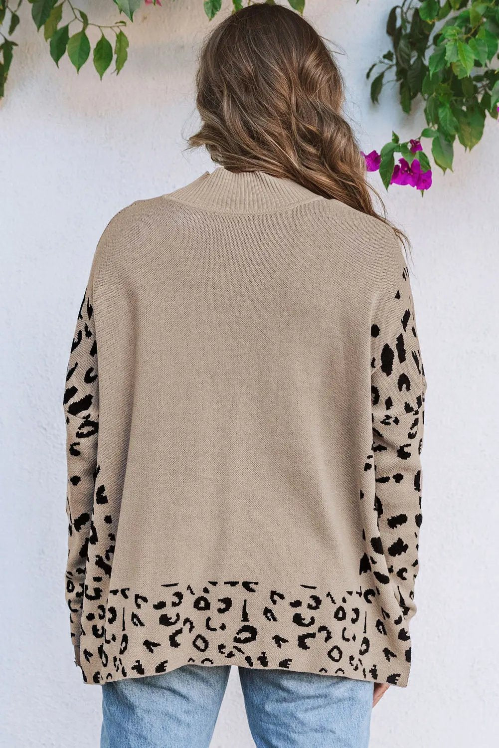 Sarai Leopard High Neck Side Slit Oversized Sweater for Women - Love Salve 