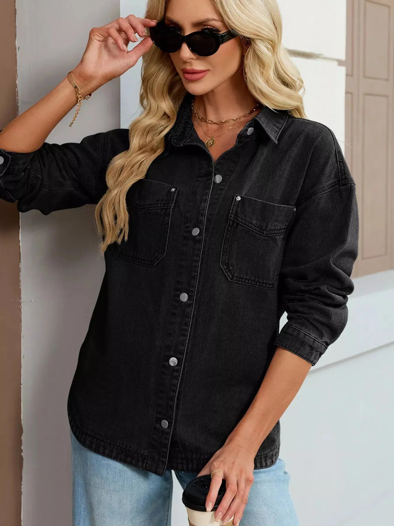 Button Up Dropped Shoulder Denim Jacket Simply Love