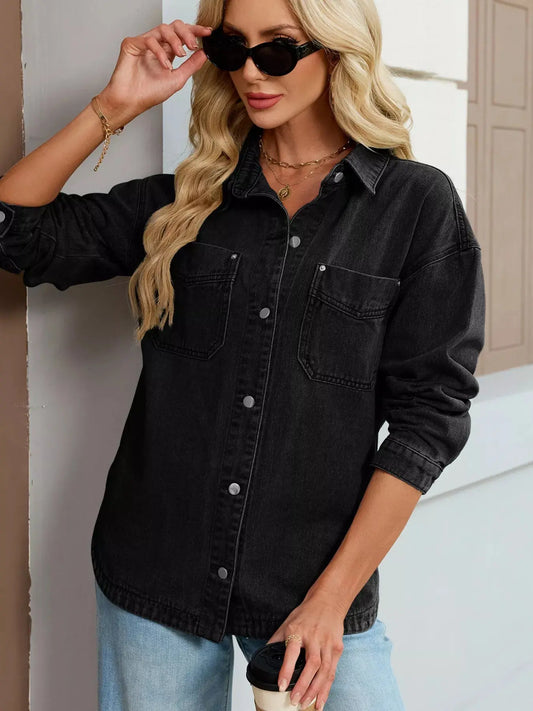 Button Up Dropped Shoulder Denim Jacket Simply Love