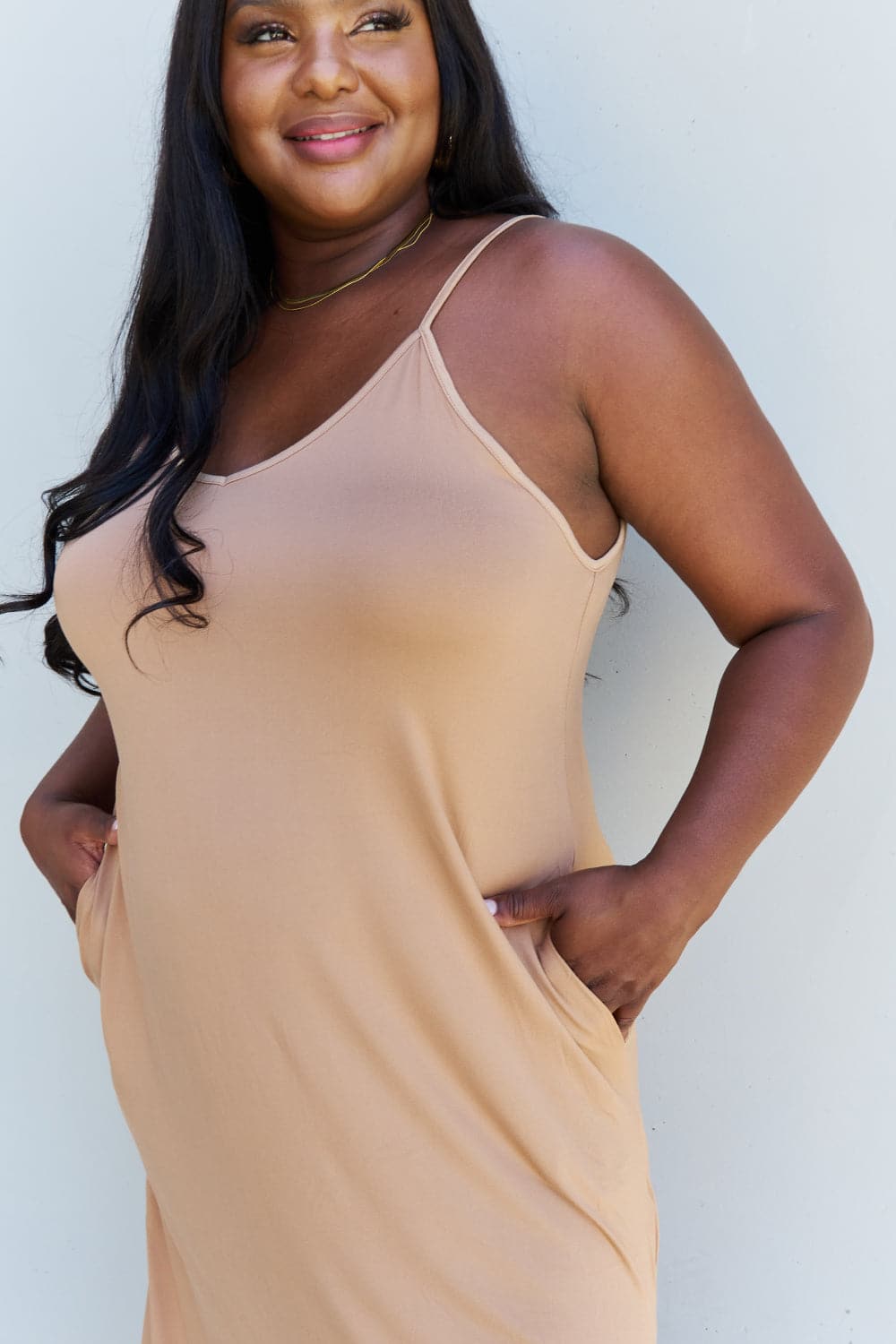 Ninexis Good Energy Full Size Cami Side Slit Maxi Dress in Camel.