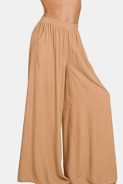 Zenana Pleated Linen Blend Wide Leg Pants.