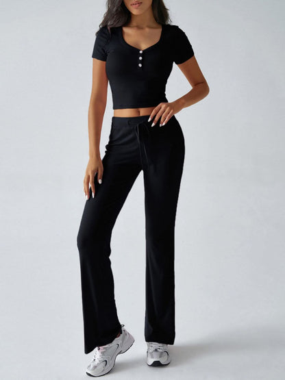 Chic Two-Piece Short Sleeve Top and Drawstring Pants Set